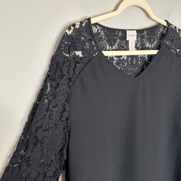 Chicos Black Lace Bell Sleeve V Neck Blouse Top Size 3‎ US XL Womens Elegant - Picture 10 of 14
